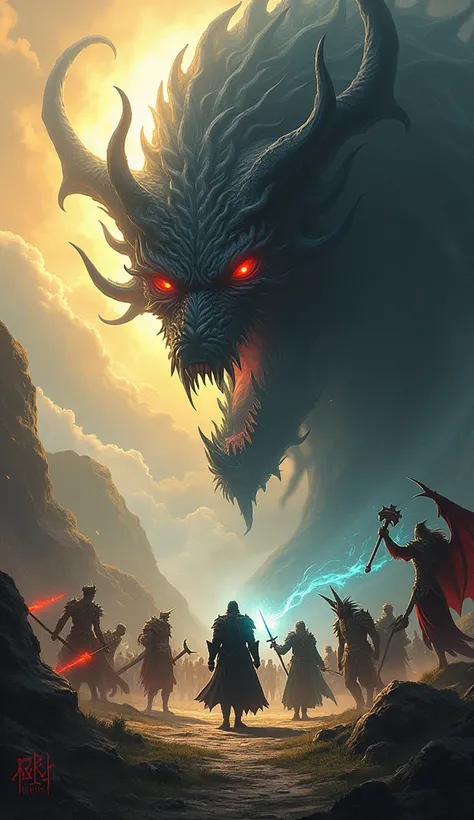 A image with  two parts one part consists of human , elves, dragon , beast folks and they are clashing with the second part a  ferocious dark, shadowy being with twisted nightmarish forms . Their bodies are like voids with tendrils and tentacles that seem ...