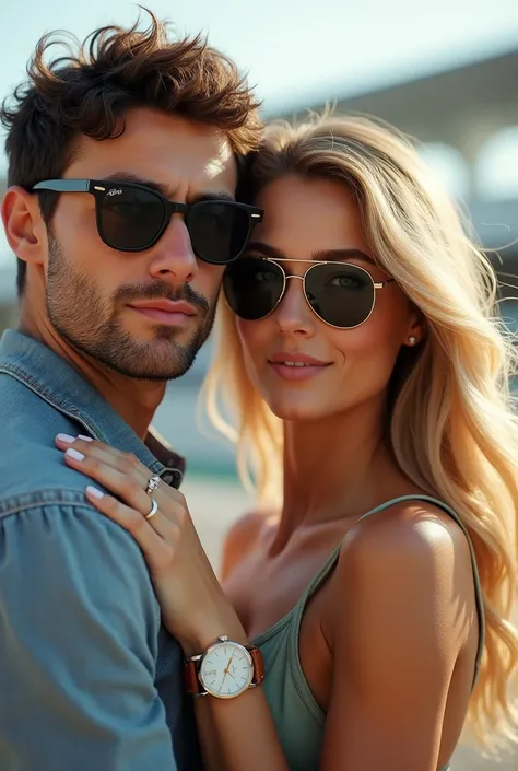 (Photorealism:1.1) a couple man dark brown hair and brown eyes together with a woman blonde green eyes long hair  no pitlane da formula 1 em Monza óculos Rayban e um IWC portuguese e usando aliança de casamento 8k ultra realistic super detailed