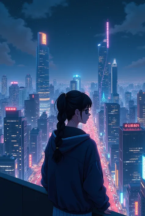 ((Highly detailed anime art)),Looking down on the big city from the rooftop,Cyberpunk City,Night view,Starry Sky,Woman in a jacket,Braided upstyle,sunglasses,tobacco ((masterpiece, Highest quality, Highly detailed CG, unity 8k wallpaper )),(masterpiece, Hi...