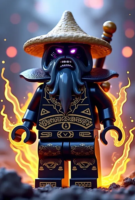 Créer moi un lego ninja go en lego le premier maitre du spijisufuturiste de la dernière puissance dimensionaire doit avoir 4 bras en violet or sur les côtés comme un oni, un ninja avec un chapeau de paille pointu en noir sur la tête avec un masque de oni d...