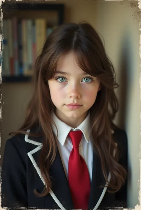 Very pretty girl with big brown hair and blue eyes in uniform (black and white with red tie)from school in a photo album photo from the 90S time