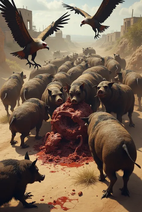 Create a battle between vultures and pigs