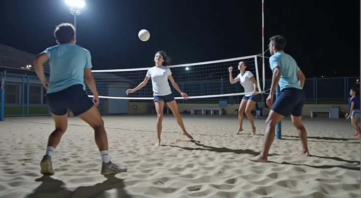 A high-quality, professional DSLR photo capturing a dynamic footvolley match taking place at night, with four players movements frozen in time as they leap and stretch for the ball. The sand court is bathed in soft, ambient lighting from overhead floodligh...