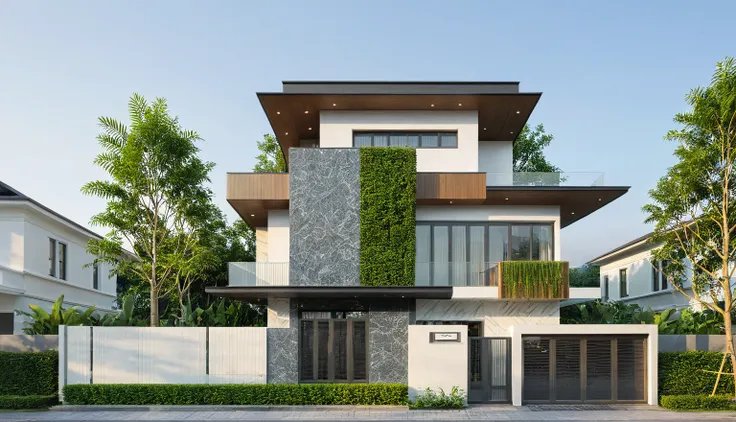 photo of a two-story modern house, (daylight), tropical tree, green shrub and plants, vivid color, streetcapes, minimalist desig...