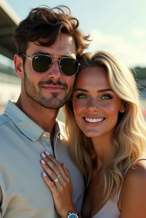 (Photorealism:1.1) a couple man dark brown hair and brown eyes together with a woman blonde green eyes long hair  no pitlane da formula 1 em Monza óculos Rayban e um IWC portuguese e usando aliança de casamento 8k ultra realistic super detailed