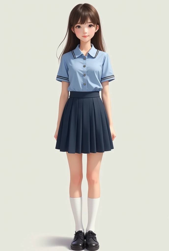  Student in dark blue skirt jumper, light blue short sleeve shirt, white socks and black shoes (I don&#39;t want a photo cartoon)