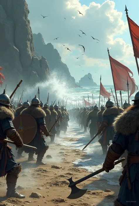 Two Viking armies battling at the seashore.