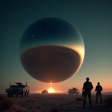 
A massive smooth mirror-surfaced sphere hovers silently above the desert floor at night, military vehicles and soldiers face away from the viewer, photo realistic