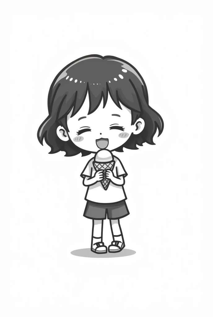 （Most of the background is solid white color.），Simple little cute cartoon girl, doodle, minimalist, black and white, , eating ice cream