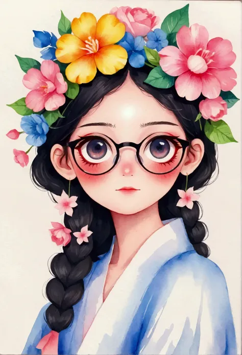 portrait of a woman wearing glasses and a flower hat, watercolor strokes, pantone marker portrait, colorfull illustration, color...