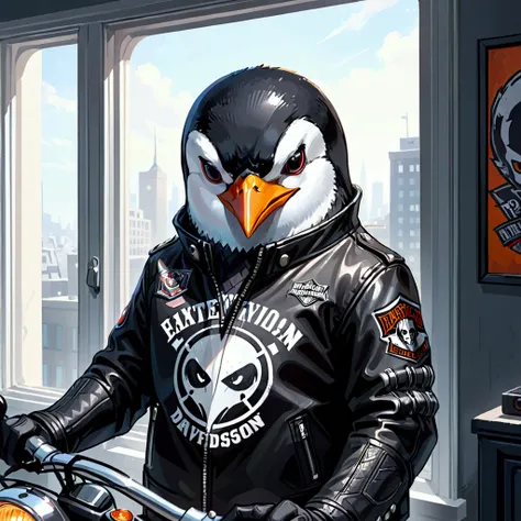 An extremely badass anthropomorphic penguin wearing an insanely cool black leather Harley Davidson biker jacket open, video gamer shirt, looking out the window.
