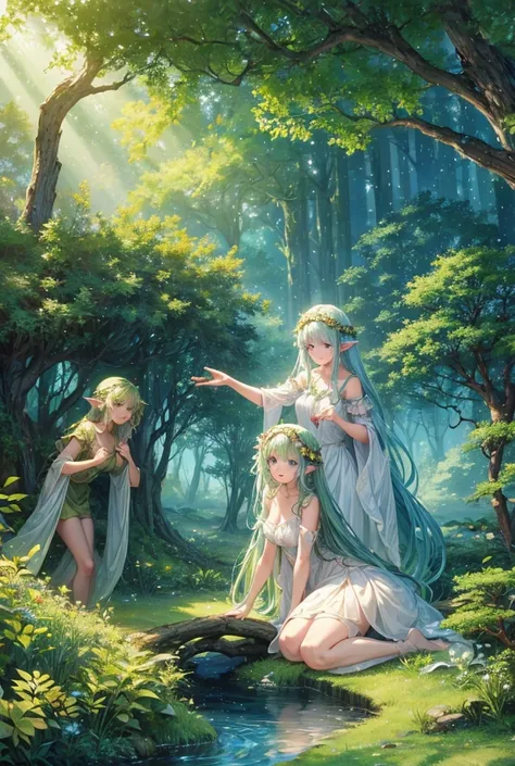 A large pine forest with fairies and nymphs flying around a large lake and a very starry sky