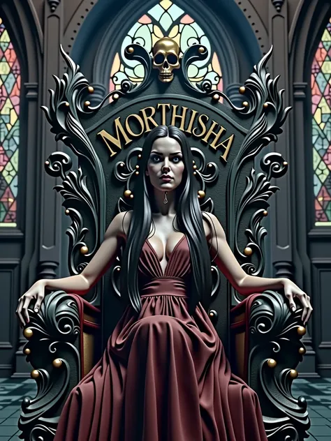 A captivating and high-quality 3D render of a dark fantasy scene featuring a beautiful woman with long, dark hair and piercing eyes. She sits majestically on a twisted, dark wood throne, intricately carved and adorned with a sinister skull atop the backres...