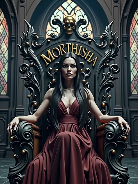 A captivating and high-quality 3D render of a dark fantasy scene featuring a beautiful woman with long, dark hair and piercing eyes. She sits majestically on a twisted, dark wood throne, intricately carved and adorned with a sinister skull atop the backres...