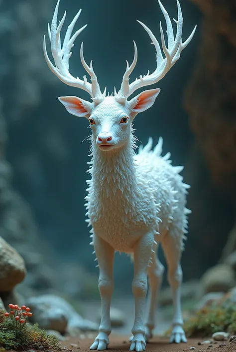 (focus on a hauntingly beautiful bioengineered he human and deer creature:1.2), organic cyborg, alien landscape, albino, translucence, sheen, reflections, colorful dark unfocused background, (ultra resolution:2), detailed masterpiece, sachr, ziprealism