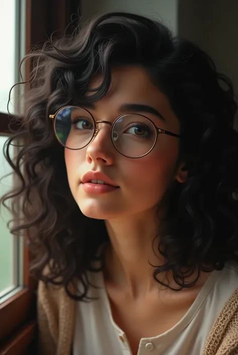  Brunetette, Black curly hair, round prescription glasses 
