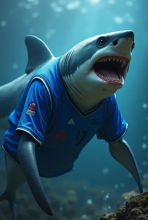 ferocious shark wearing a blue jersey