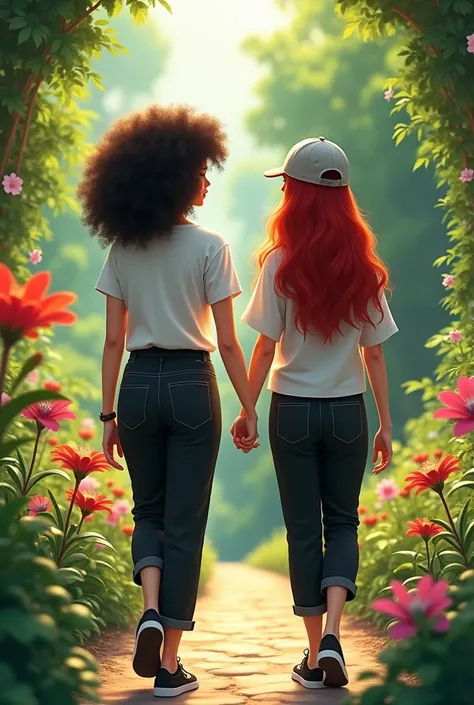 Two women holding hands walking through a garden, the first girl has well defined and voluminous curly hair, your clothes are black pants, loose white t-shirt and black sneakers, the second girl has long red hair and a cap, your clothes match the first wom...