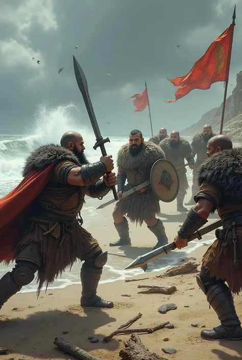 Band of Vikings battling on the beach.