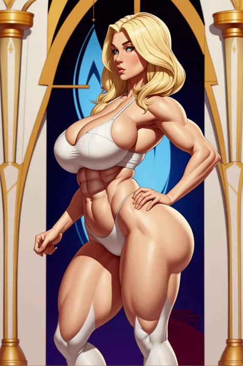 Female, Blonde,Big beautiful creamy white legs, sensual, voluptuous, athletic, fit, in shape, large geometrically shaped legs, standing pose, abs, thin waistline, giant well-rounded booty