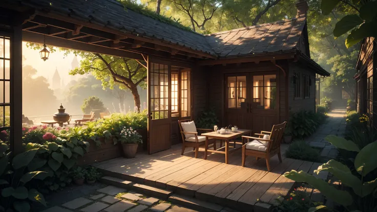 A magical courtyard in front of an elegantly designed house with soft, curved architecture, located by the sea in a lush jungle. A cozy tea setup with delicate porcelain cups and a teapot is placed on a stone table surrounded by flowering plants and ferns,...