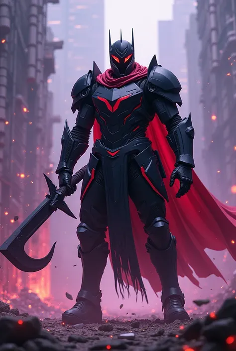 Create a dynamic and detailed image featuring a central figure who is a futuristic knight in dark armor with red accents. The knight is in a threatening and dynamic pose, holding a large curved blade in his right hand and emanating a dark, swirling energy ...