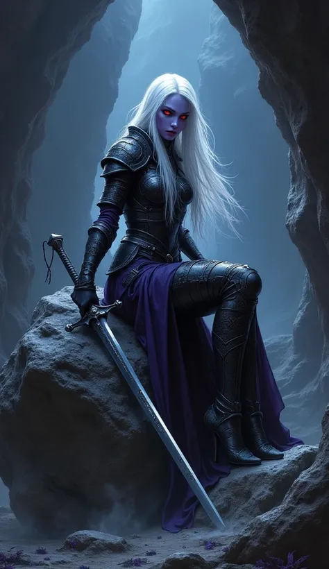 Drow female from baldurs gate, best quality, ultra-detailed CG unity 8k wallpaper,       sitting on a boulder, high resolution, dynamic pose, beautiful face, (dark platemail armor, red eyes), depth of field, dark setting, night, underground, no light), (hi...