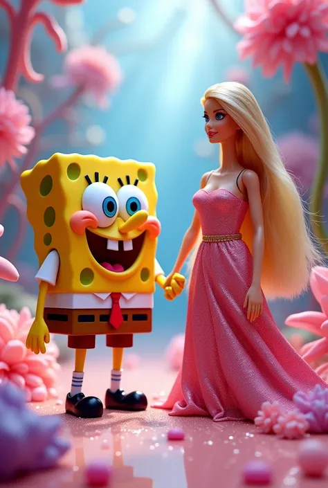 Spongebob Squarepants is holding hands with Barbie 