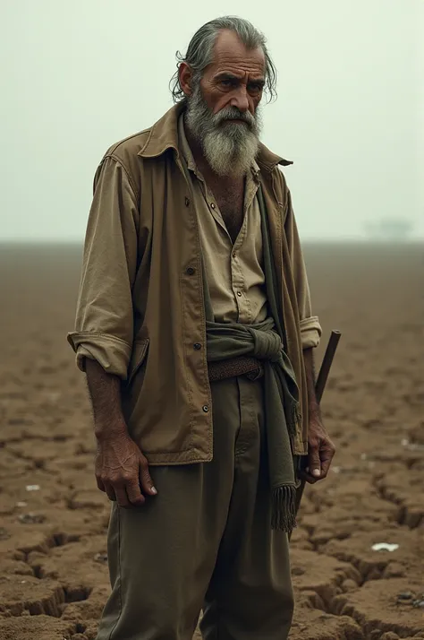 A poor farmer with a weary expression, standing next to a barren field. His clothes are old and worn out. The soil in the field looks dry and cracked, reflecting his struggle and despair.