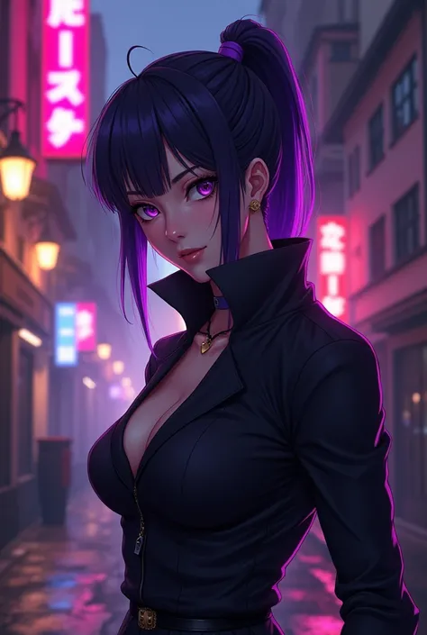 badas character anime with soft purple background city light 
