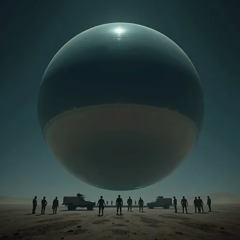 A massive smooth mirror-surfaced sphere hovers silently above the desert floor at night, military vehicles and soldiers cluster underneath the sphere, photo realistic