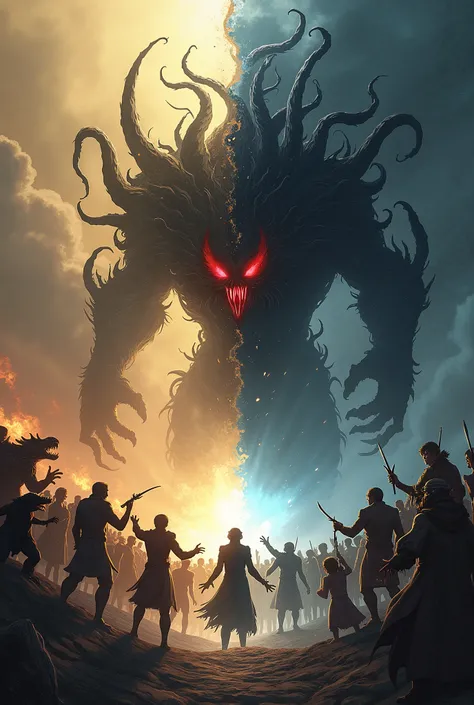 A image with  two parts one part consists of human , elves, dragon , beast folks and they are clashing with the second part a  ferocious dark, shadowy being with twisted nightmarish forms . Their bodies are like voids with tendrils and tentacles that seem ...