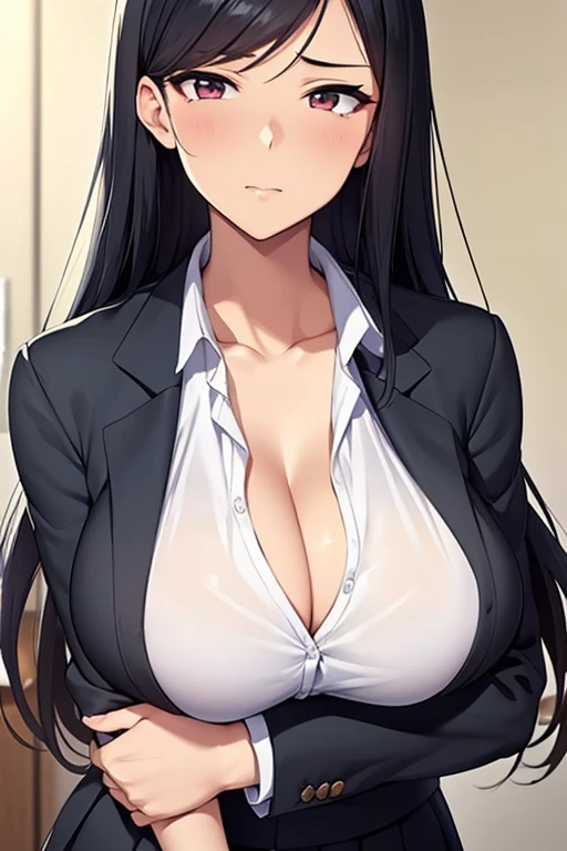 masterpiece、Highest quality、(Huge breasts)、Black Hair、Straight Long Hair、school uniform、Very large breasts、Big breasts、Glaring、Scorned face、Showing cleavage、Appeal to the valley、With clothes on、Have、Have breasts、Upper body only、Chest close up