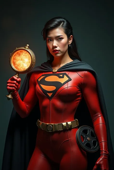 A superhero figure stands proudly with a confident stance, holding a intricately designed magnifying glass in their dominant hand and a vintage movie reel in the other, with a subtle yet fiery glow emanating from the lens, as if illuminating the secrets of...