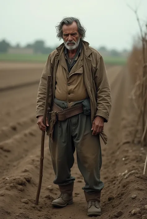 A poor farmer with a weary expression, standing next to a barren field. His clothes are old and worn out. The soil in the field looks dry and cracked, reflecting his struggle and despair.