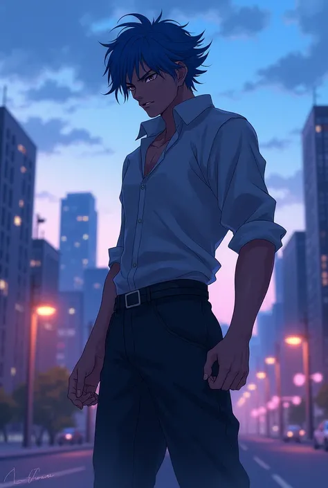 badas character anime with blue sky and soft purple background city light 
