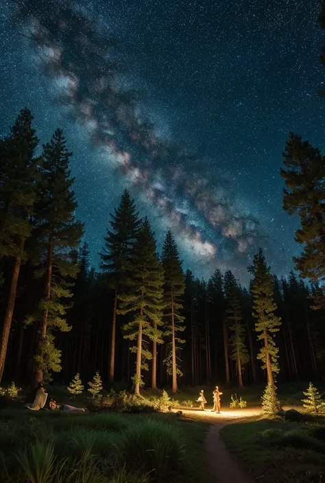 A large pine forest with fairies and nymphs flying around a large lake and a very starry sky