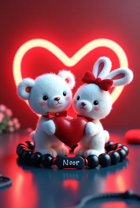 A 3D render of a white teddy bear and a white bunny rabbit wearing a red bow holding a red heart, are standing on a black beaded bracelet with a name plate word "NOOR" written on it. The bracelet is sitting on a dark red and blue surface with a neon red he...