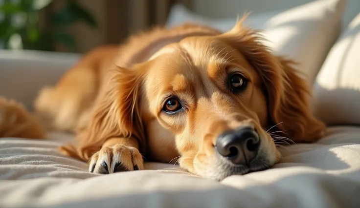 A close-up of an elderly Golden Retriever with a graying muzzle, lying peacefully on a soft, cozy bed. The dog has a warm, content expression, with bright eyes that reflect a lifetime of love. The setting is a sunlit living room, with soft rays of sunlight...