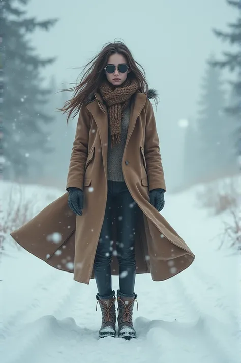 A tall girl with long brown coat, sunglasses and snow boots. Facing a wind wave blowing her hair and coat off. Need a full head to toe pic 