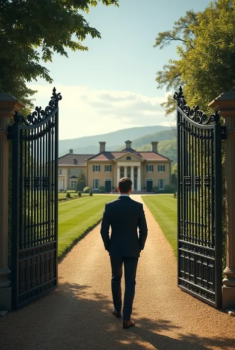 Man arriving at the entrance of a country estate 