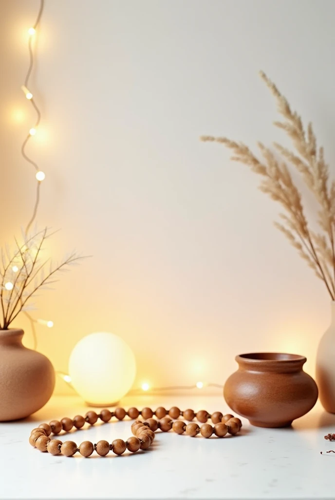 Decoration idea with white background with warm yellow lights and mala with matkas
