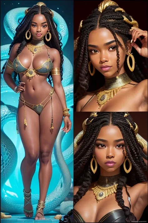 
A young 15- yr Medusas girl with African face features, charming face, perfect fullbody details, having large many snake pet, with a snake skin, body and hairs, (wavy hairstyles brown king cobra colors), ( having a dark skin tone texture masterpiece ), ( ...