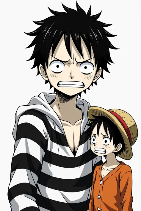 Monkey D. Luffy in a black and white striped long-sleeved prison uniform crying and Monkey D. .... Luffy in orange long sleeve prison uniform crying 