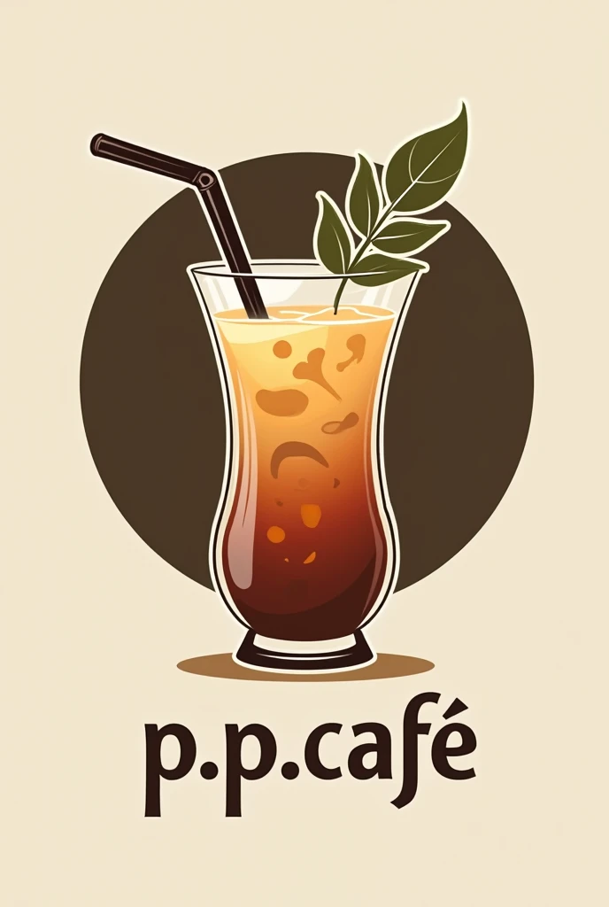 Design a cafe logo. In the logo, there is an attractive Amazon glass with a straw on a simple and luxurious background, and the word  P.P. CAFÉ  is in the logo. Change the font to be attractive. And in the font, there is a curved laurel leaf like a Roman s...