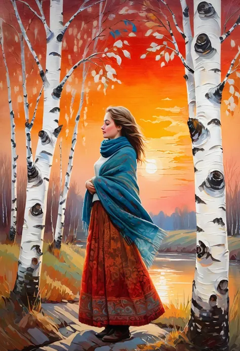 a young Russian girl, against the background of a scarlet sunset, complex detailing, aged canvas, "the girl by the white birch" (in the style of Norman-Ackroyd, depicted in oil on canvas),
a beautiful girl with brown hair in a scarf, hugging the trunk of a...