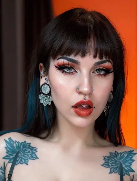 (masterpiece, best quality, photorealistic realistic,) 1 women, blunt bangs, black bra, blue hair, shiny brown eyes, cleavage, thin eyebrows, eyelashes, lace, licking lips, lingerie, lipstick, long hair, looking at viewer, makeup, nose, open mouth, orange ...