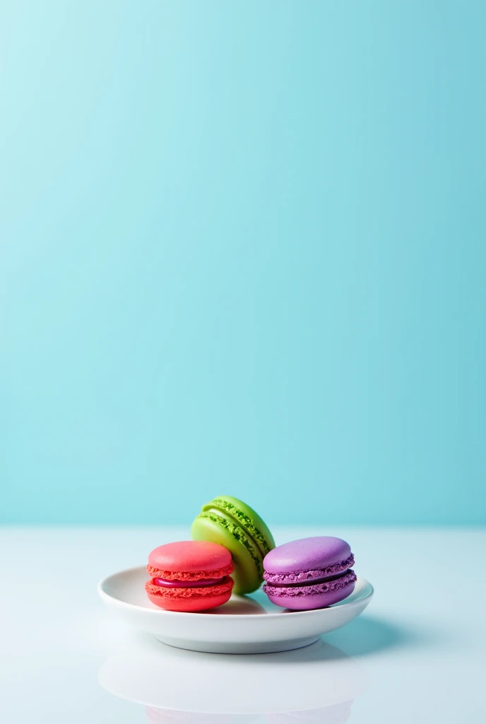 three colorful macarrons in a little plate in a white table and a light blue background