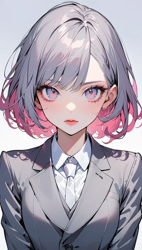 1woman, solo, pink hair, bob cut, gray eyes, detailed eyes, eyelashes, light lips, crisp expression, 25years old, fold hers arms, wear ((Gray suit with re))d stripes