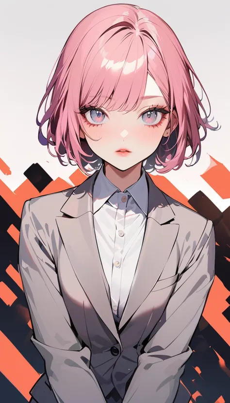 1woman, solo, pink hair, bob cut, gray eyes, detailed eyes, eyelashes, light lips, crisp expression, 25years old, fold hers arms, wear ((Gray suit with re))d stripes